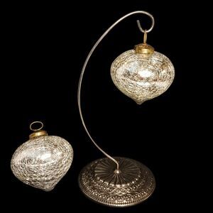 Two Mercury Crackle Glass Silver Large Teardrop Christmas Ornaments Kugel Style